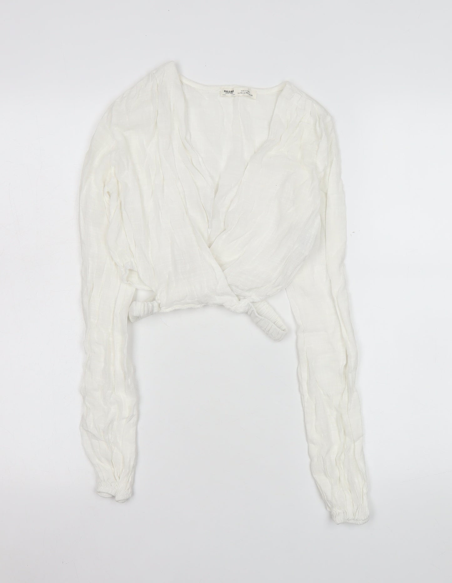 Pull & Bear Women White Wrap Blouse XS Long Sleeve Viscose Cotton