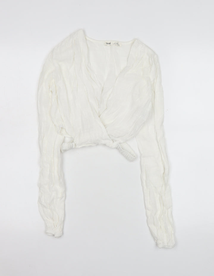 Pull & Bear Women White Wrap Blouse XS Long Sleeve Viscose Cotton