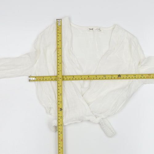 Pull & Bear Women White Wrap Blouse XS Long Sleeve Viscose Cotton