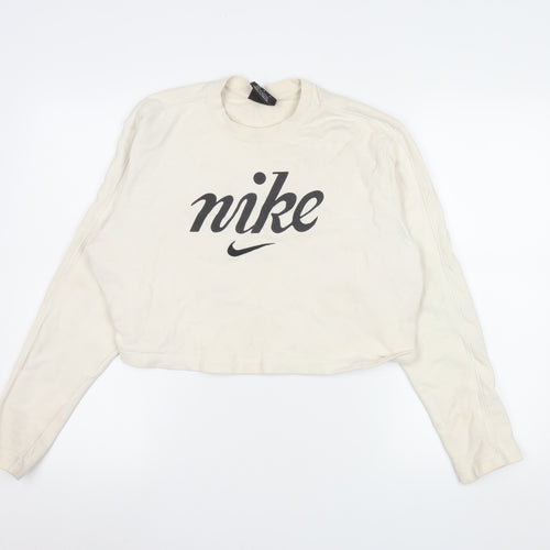 Nike Women's Beige Cropped Pullover Sweatshirt M 100% Cotton Logo
