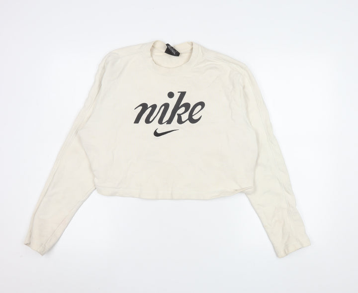 Nike Women's Beige Cropped Pullover Sweatshirt M 100% Cotton Logo