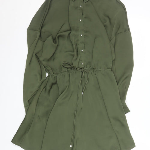 Zara Women Green Short Shirt Dress Size S Collared Long Sleeve