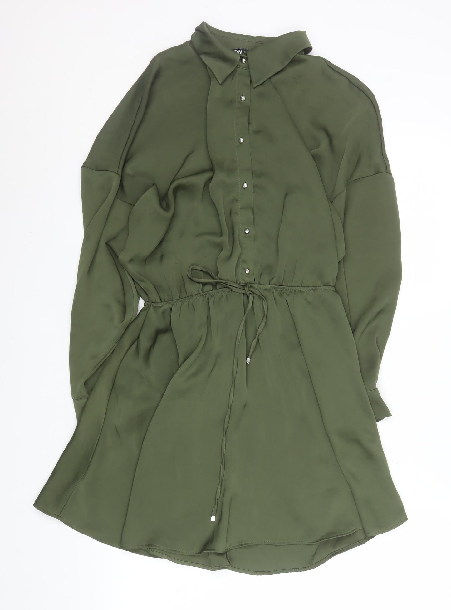 Zara Women Green Short Shirt Dress Size S Collared Long Sleeve