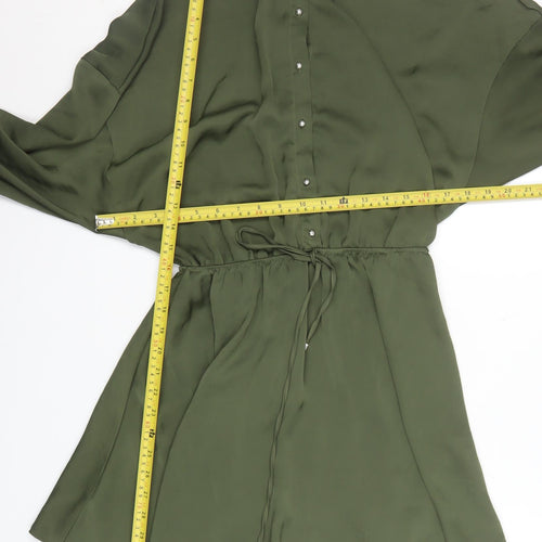 Zara Women Green Short Shirt Dress Size S Collared Long Sleeve