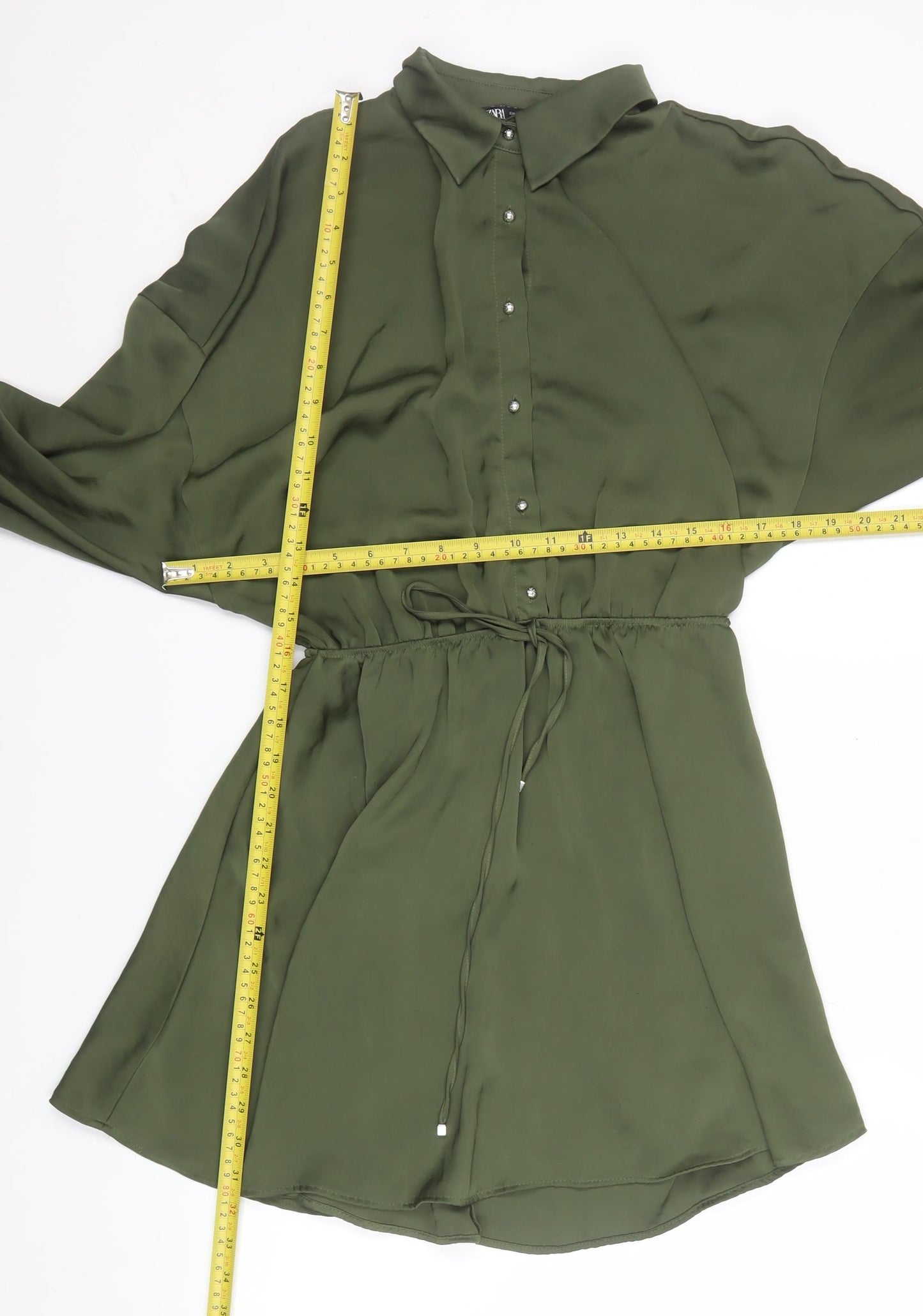 Zara Women Green Short Shirt Dress Size S Collared Long Sleeve