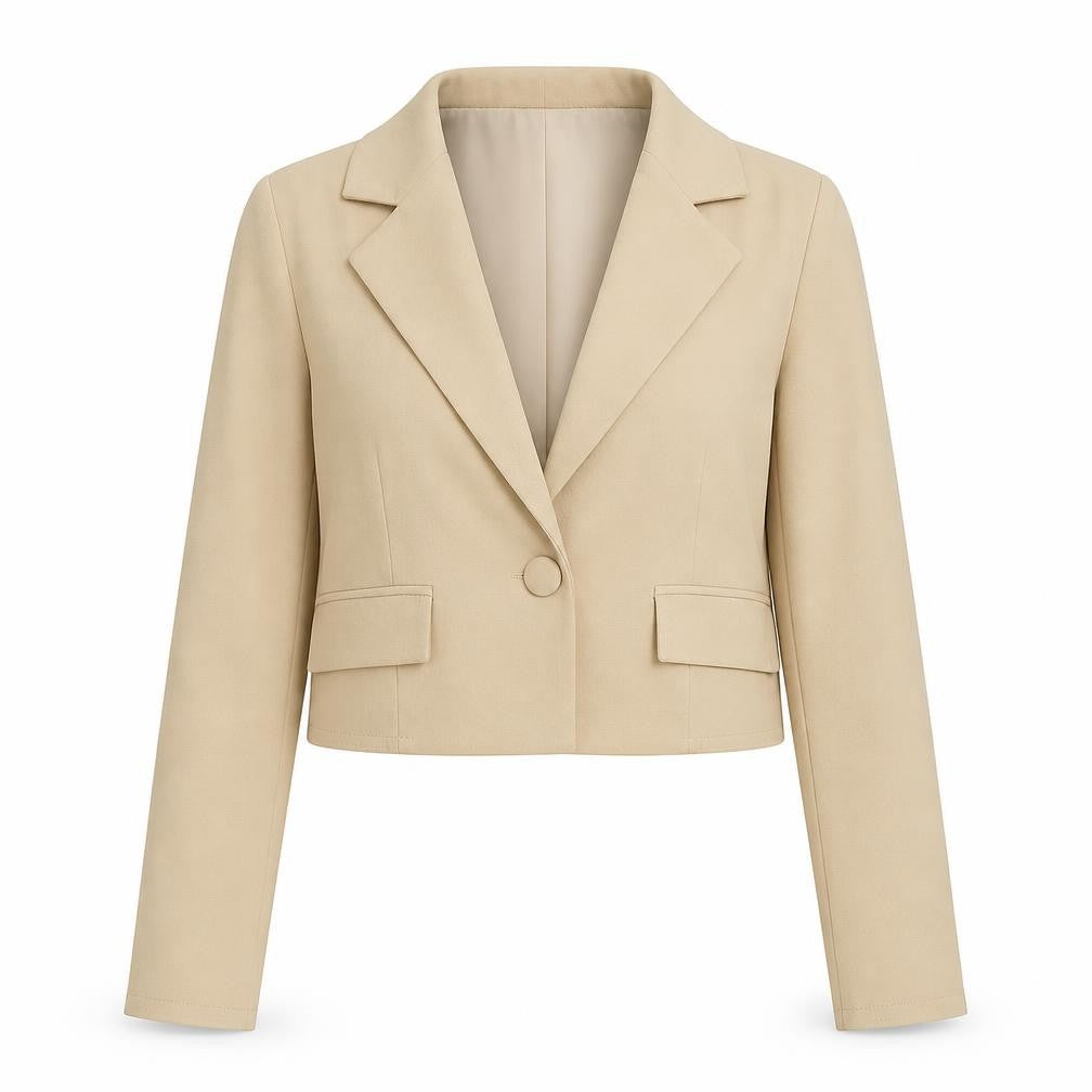 Front view of Quiz Beige Cropped Tailored Suit Jacket Women’s, size UK 8