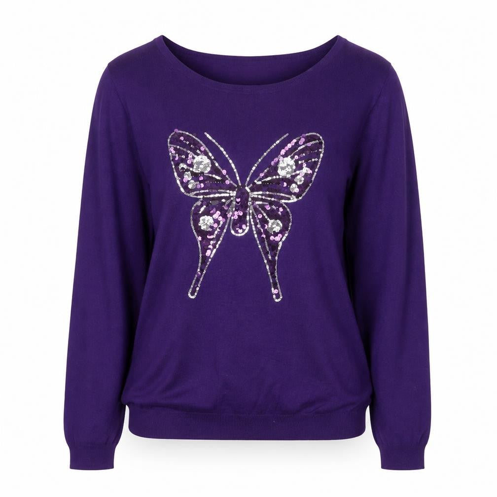Front view of Gerard Women Purple Sequin Butterfly Pullover Sweater L