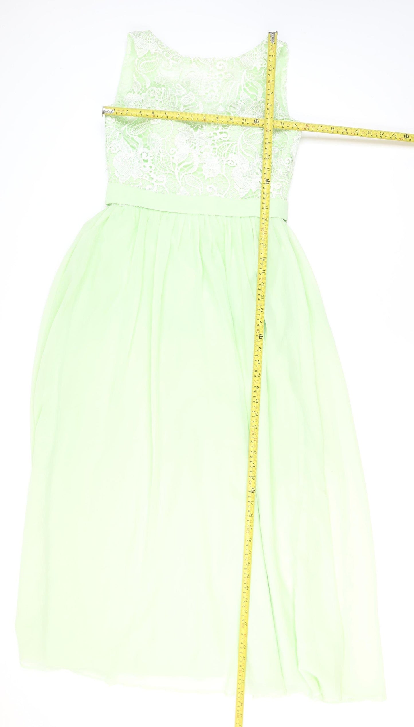 Staceees Womens Green Lace Chiffon Long A-Line Sleeveless Formal Dress