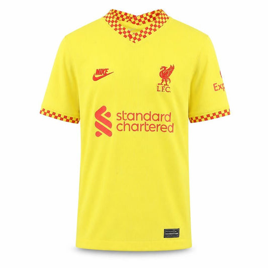 Front view of Nike boys’ yellow liverpool fc dri-fit jersey football shirt, size S