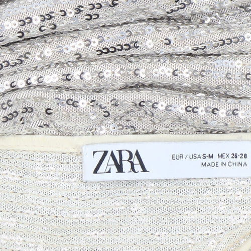 Zara Women Silver Sequin Short Sleeve Shift Dress Size S