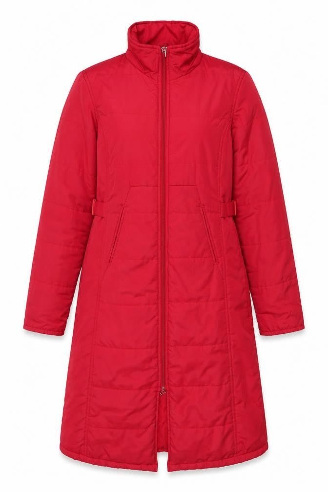 Front view of Xdye women’s red long puffer coat, size UK 8, full zip winter jacket