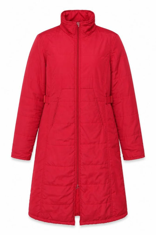 Front view of Xdye women’s red long puffer coat, size UK 8, full zip winter jacket