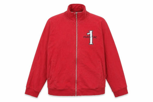 Front view of HAC TAC women’s red full zip cotton blend jacket, size UK 14