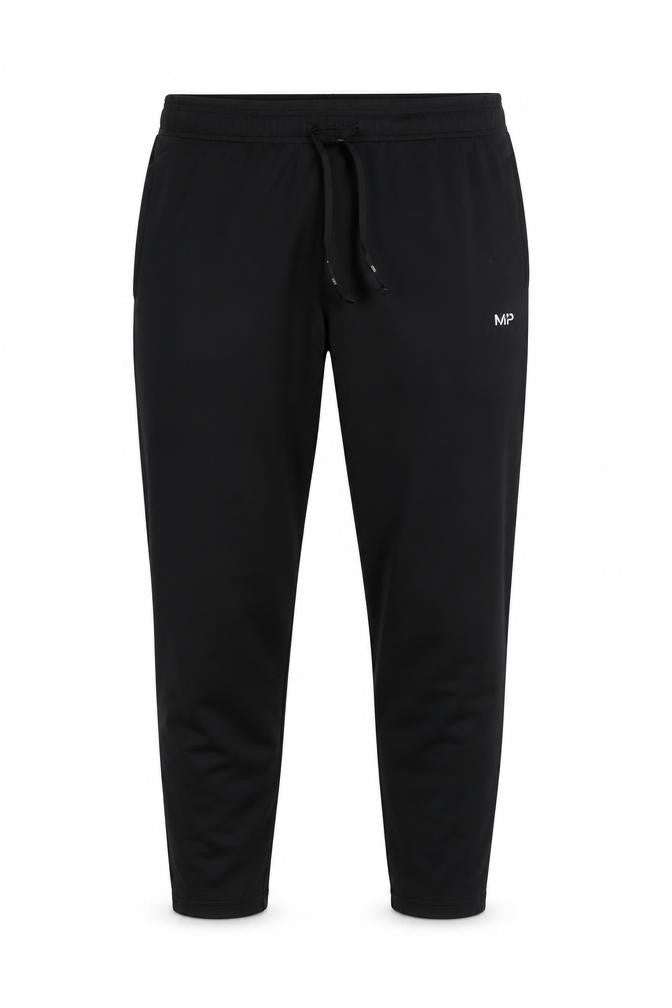 Front view of Myprotein men’s black jogger trousers, size L, polyester blend