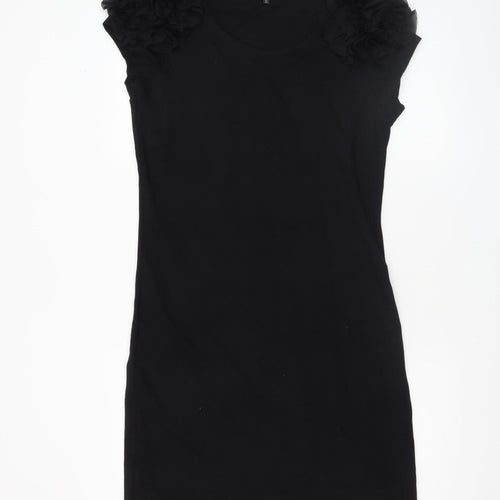Savida Women's Black Size 14 Bodycon Ruffle Shoulder Sleeveless Dress