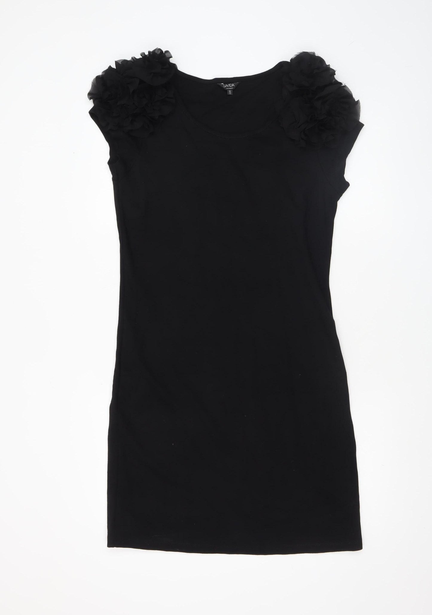Savida Women's Black Size 14 Bodycon Ruffle Shoulder Sleeveless Dress