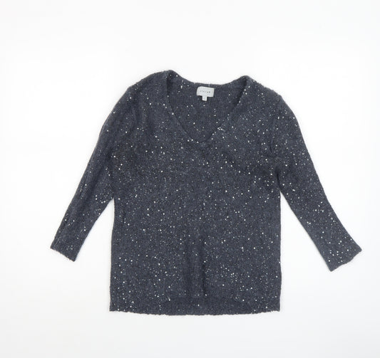 Jigsaw Women’s Grey Sequin V-Neck Alpaca Wool Blend Jumper Size L