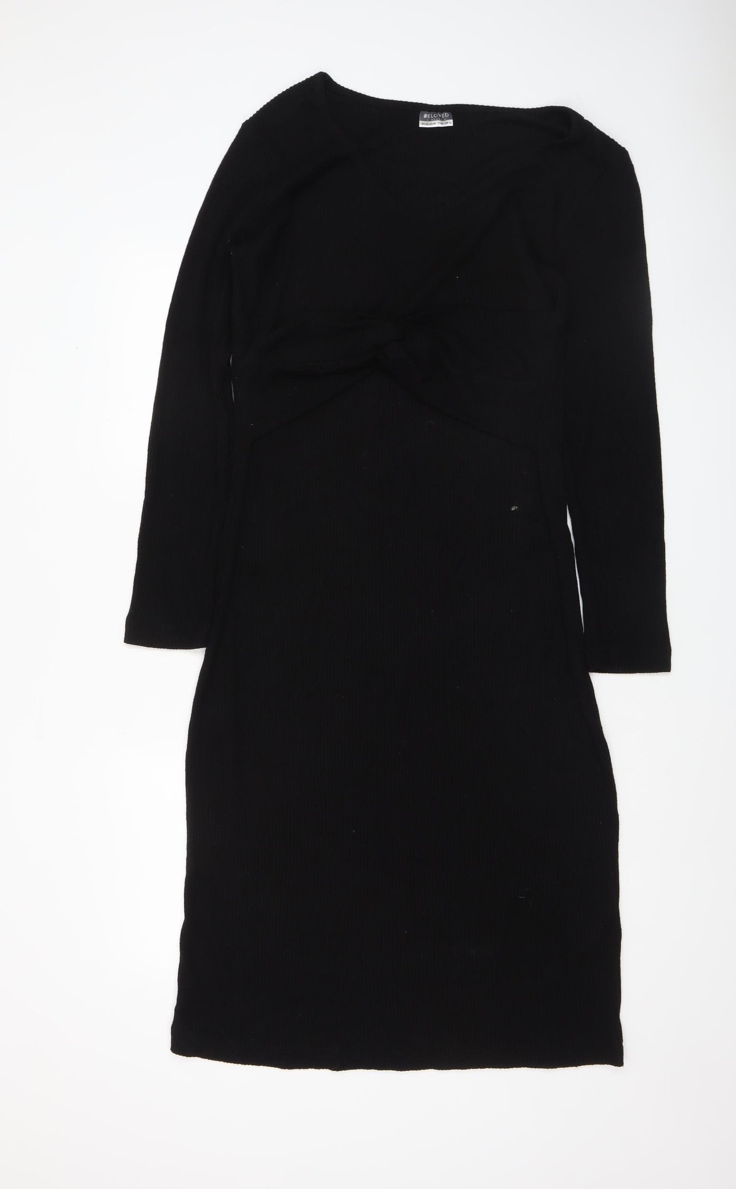 Beloved Woman Black Knit Bodycon Dress UK 16 Long Sleeve V-Neck