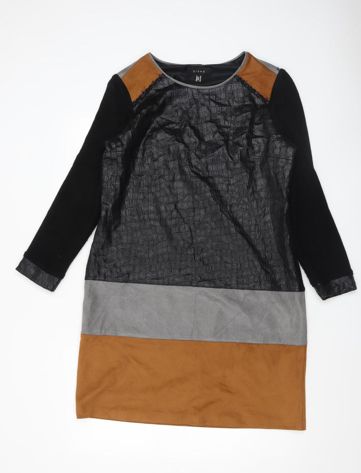 Divas Women’s Colourblock Shift Dress Black Grey Brown Size 16 Long Sleeve