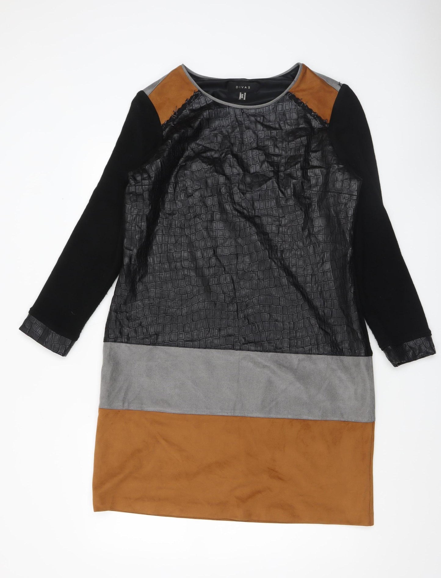 Divas Women’s Colourblock Shift Dress Black Grey Brown Size 16 Long Sleeve