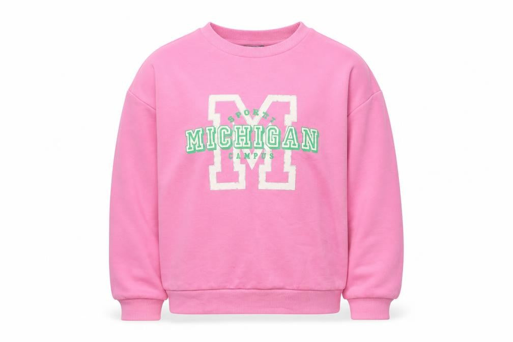 Front view of Primark girls’ pink crew neck michigan pullover sweatshirt 9-10 years
