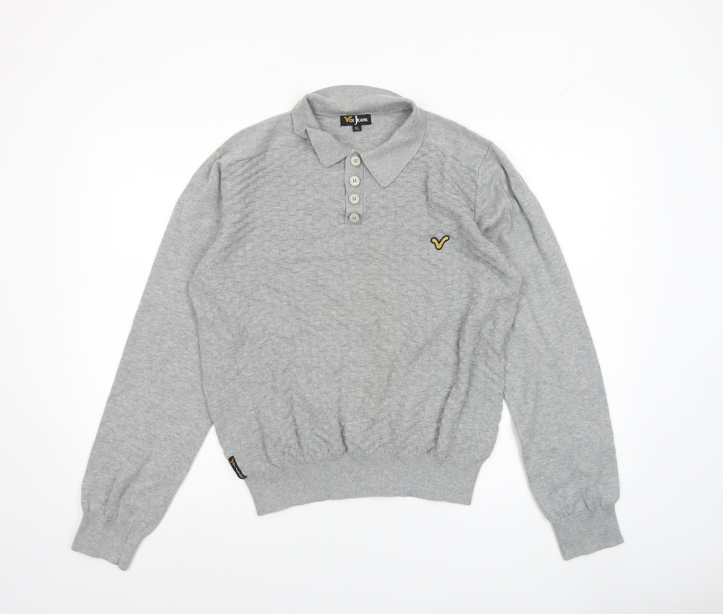 Voi Jeans Men Grey Cotton Collared Henley Jumper XL