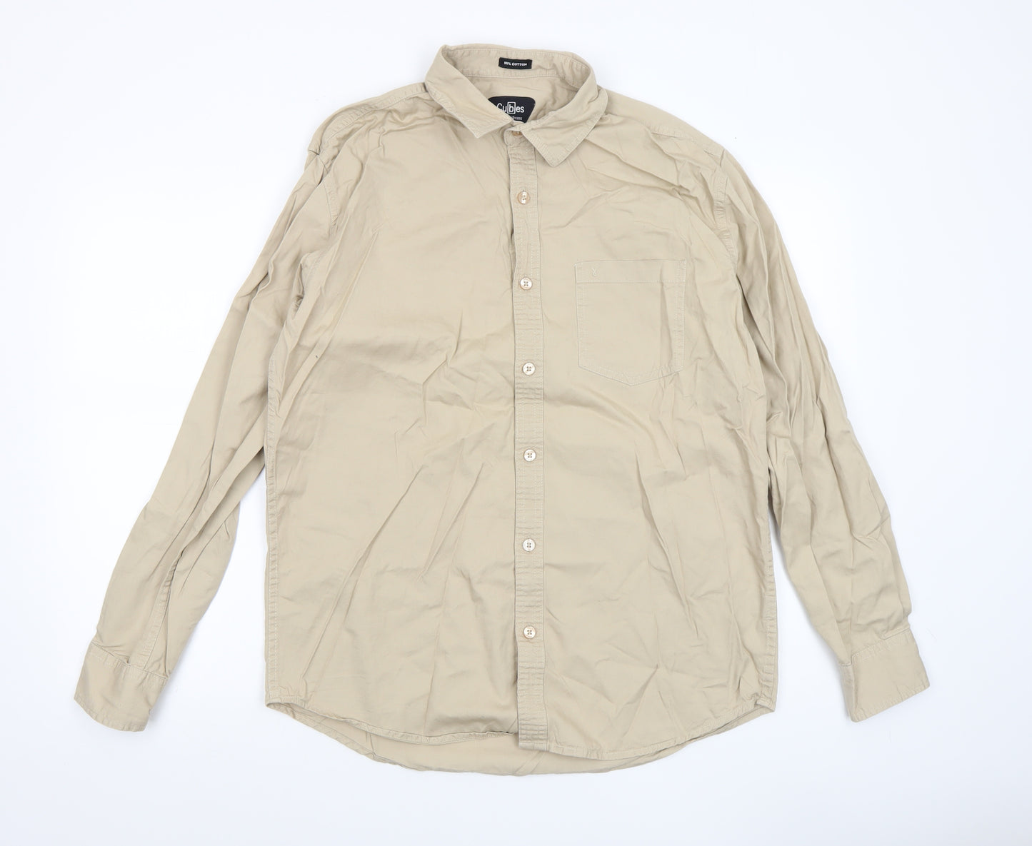 Cubes Mens Beige XL Long Sleeve Cotton Button-Up Shirt