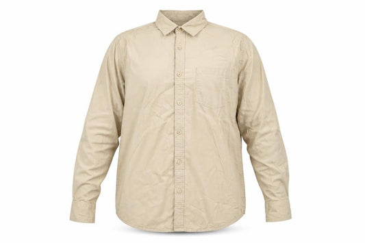 Front view of Cubes men’s beige xl long sleeve cotton button-up shirt