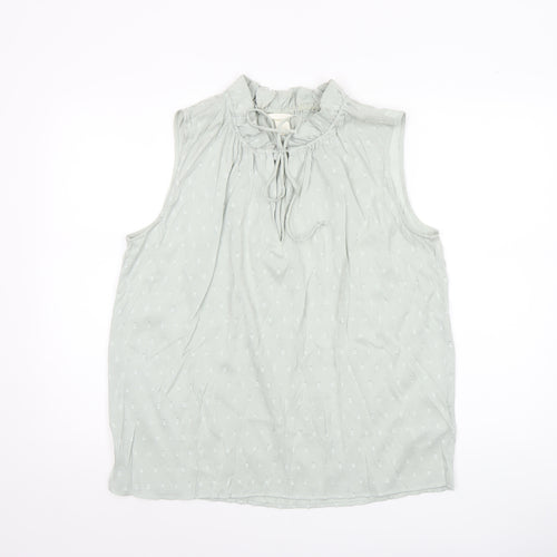 H&M Women’s Green Sleeveless Ruffle Neck Tie Blouse Size 14