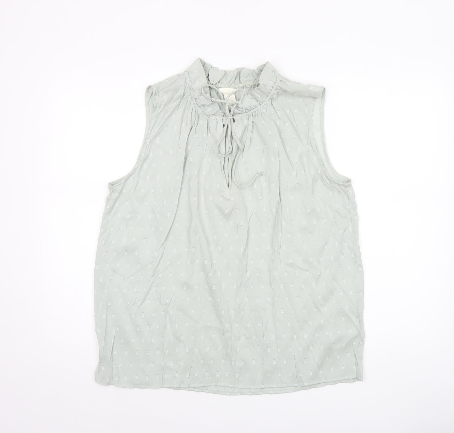 H&M Women’s Green Sleeveless Ruffle Neck Tie Blouse Size 14