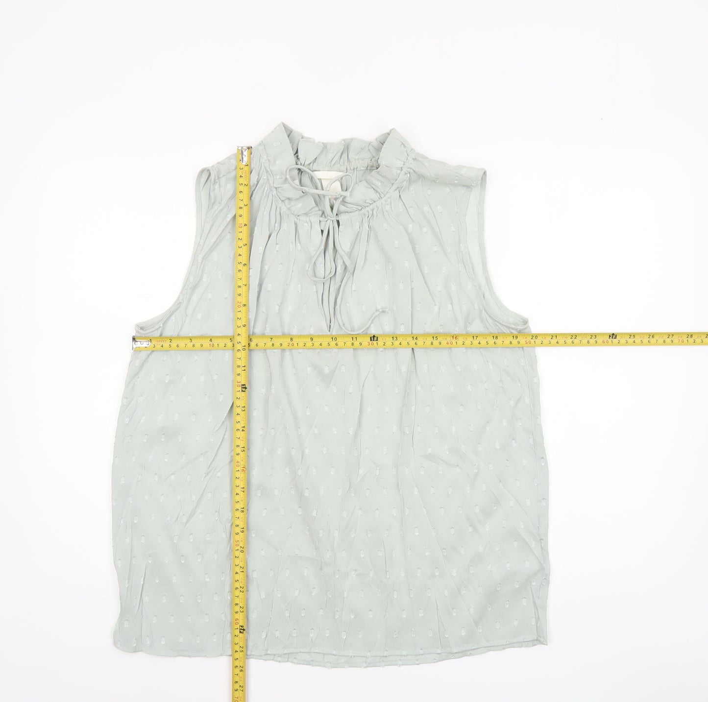 H&M Women’s Green Sleeveless Ruffle Neck Tie Blouse Size 14