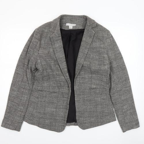 H&M Women Grey Check Blazer UK 16 Single-Breasted Work Jacket