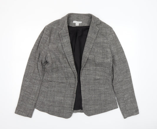 H&M Women Grey Check Blazer UK 16 Single-Breasted Work Jacket