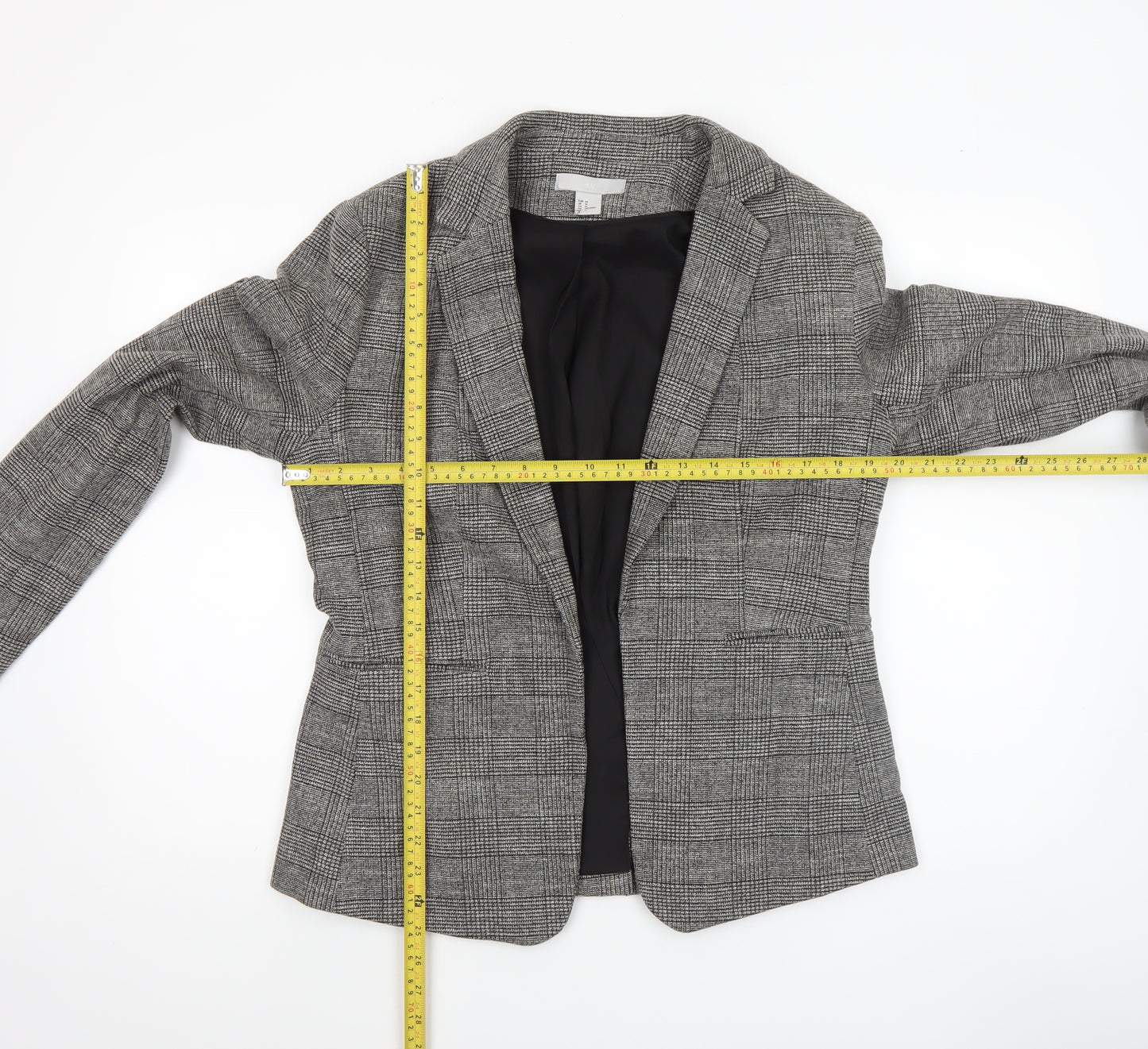 H&M Women Grey Check Blazer UK 16 Single-Breasted Work Jacket