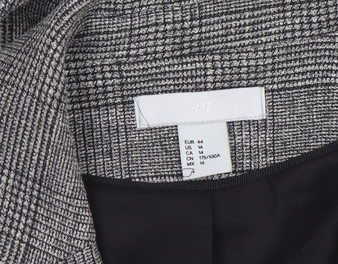 H&M Women Grey Check Blazer UK 16 Single-Breasted Work Jacket
