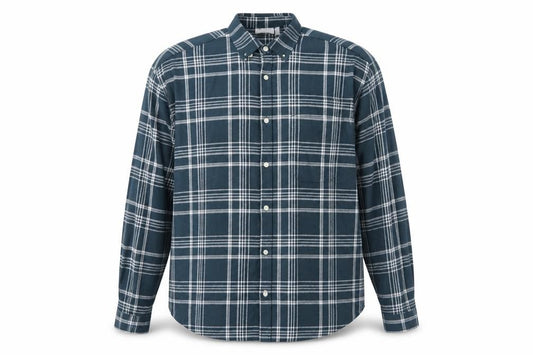 Front view of ASOS DESIGN Men's Blue Checked Cotton Long Sleeve Button-Up Shirt, size M