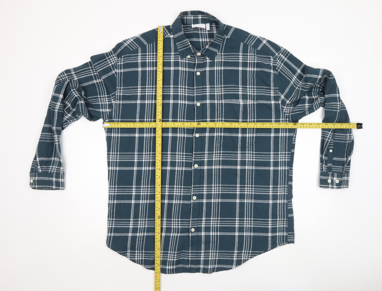 ASOS DESIGN Men's Blue Checked Cotton Long Sleeve Button-Up Shirt Size M