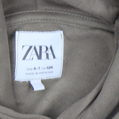 Zara Boys Beige Pullover Hoodie 6-7 Years Cotton Blend Casual Sweatshirt