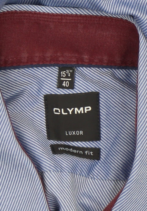 OLYMP Men’s Blue Striped Luxor Modern Fit Long Sleeve Dress Shirt 15.75in 40cm