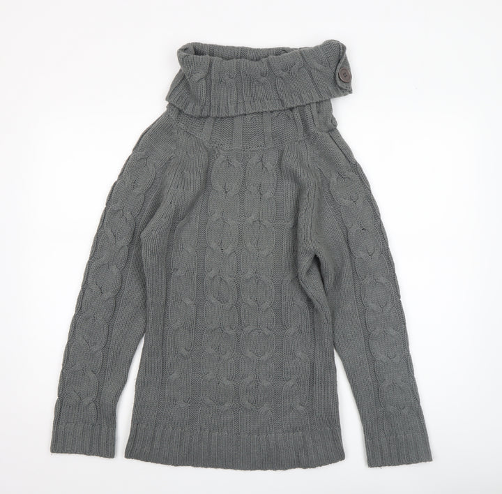 Folia Women Grey Wool Blend Roll Neck Cable-Knit Jumper Size S