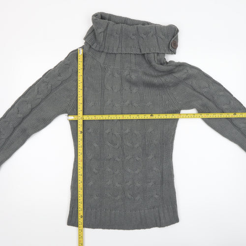 Folia Women Grey Wool Blend Roll Neck Cable-Knit Jumper Size S