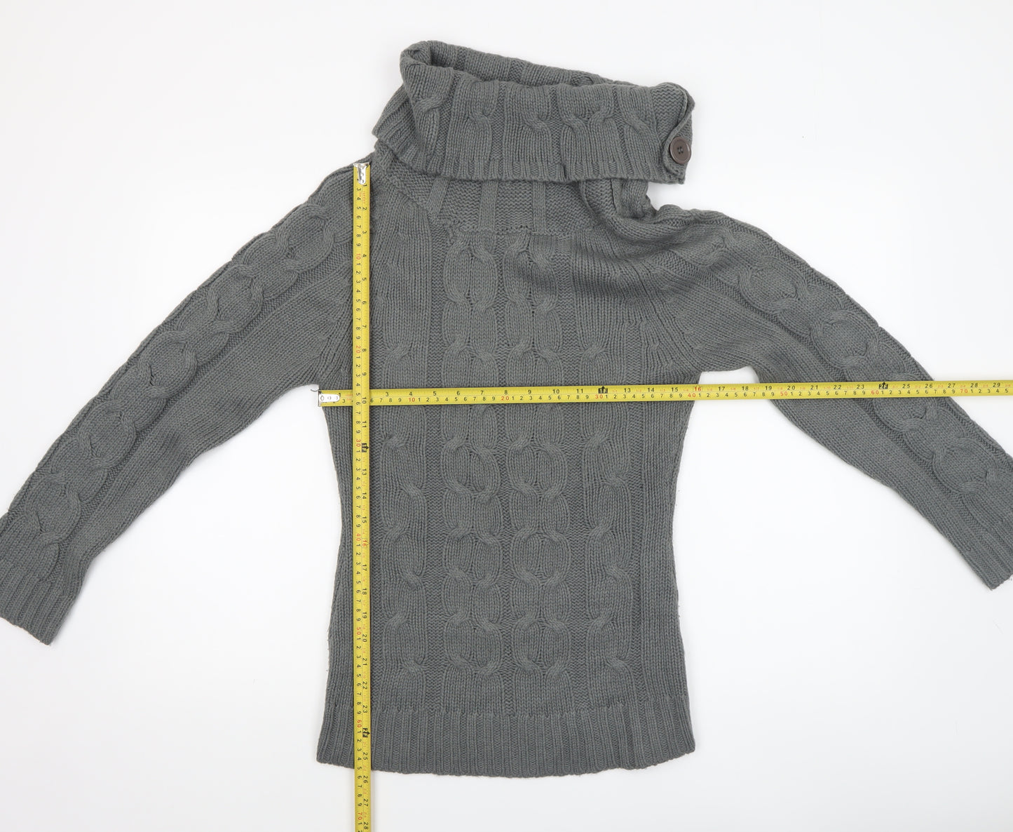 Folia Women Grey Wool Blend Roll Neck Cable-Knit Jumper Size S