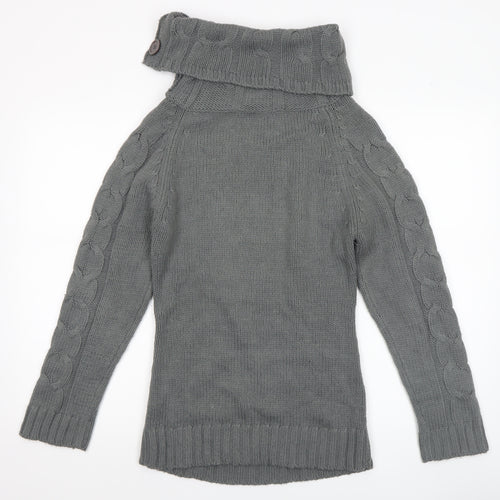 Folia Women Grey Wool Blend Roll Neck Cable-Knit Jumper Size S