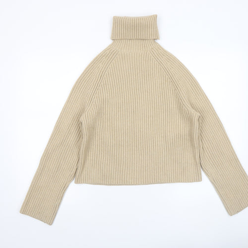 H&M Women Beige Roll Neck Ribbed Knit Jumper Size S