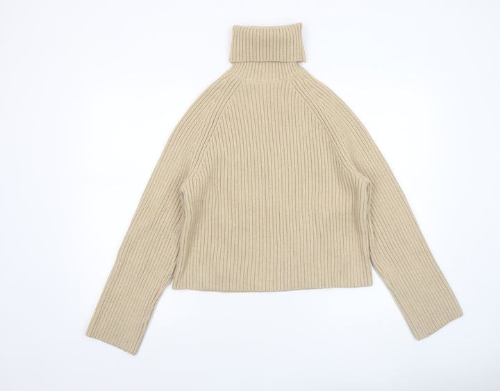 H&M Women Beige Roll Neck Ribbed Knit Jumper Size S