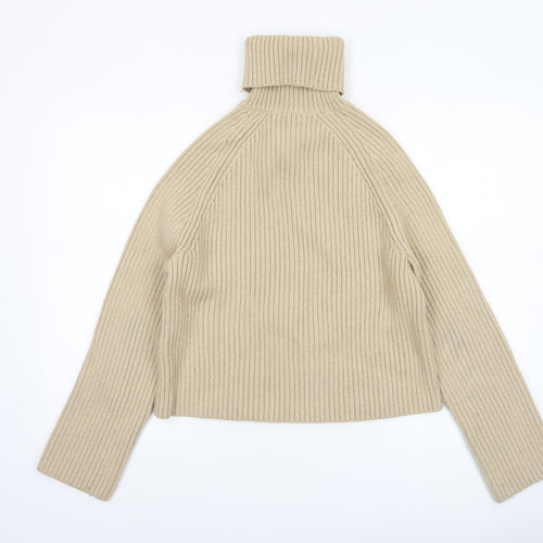 H&M Women Beige Roll Neck Ribbed Knit Jumper Size S