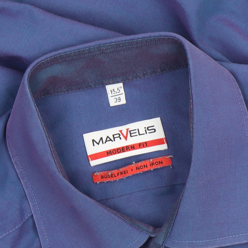 Marvelis Men’s Blue Modern Fit Non-Iron Long Sleeve Dress Shirt 15.5”