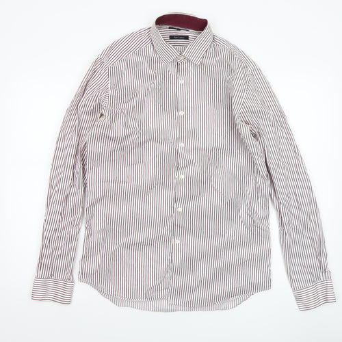 Marks and Spencer Autograph Men's White Burgundy Striped Cotton Dress Shirt 15.5in 39-40 Slim Fit