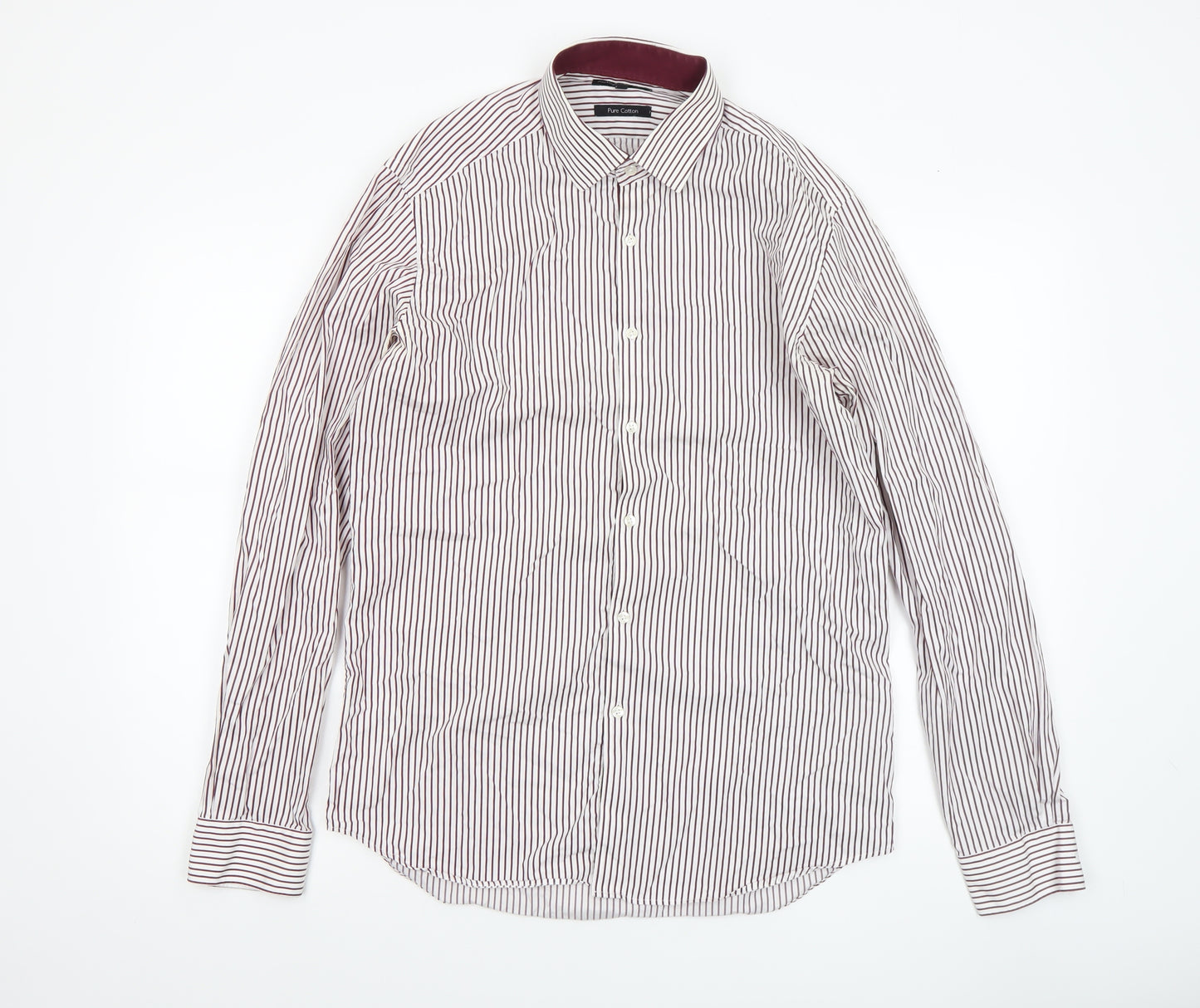 Marks and Spencer Autograph Men's White Burgundy Striped Cotton Dress Shirt 15.5in 39-40 Slim Fit