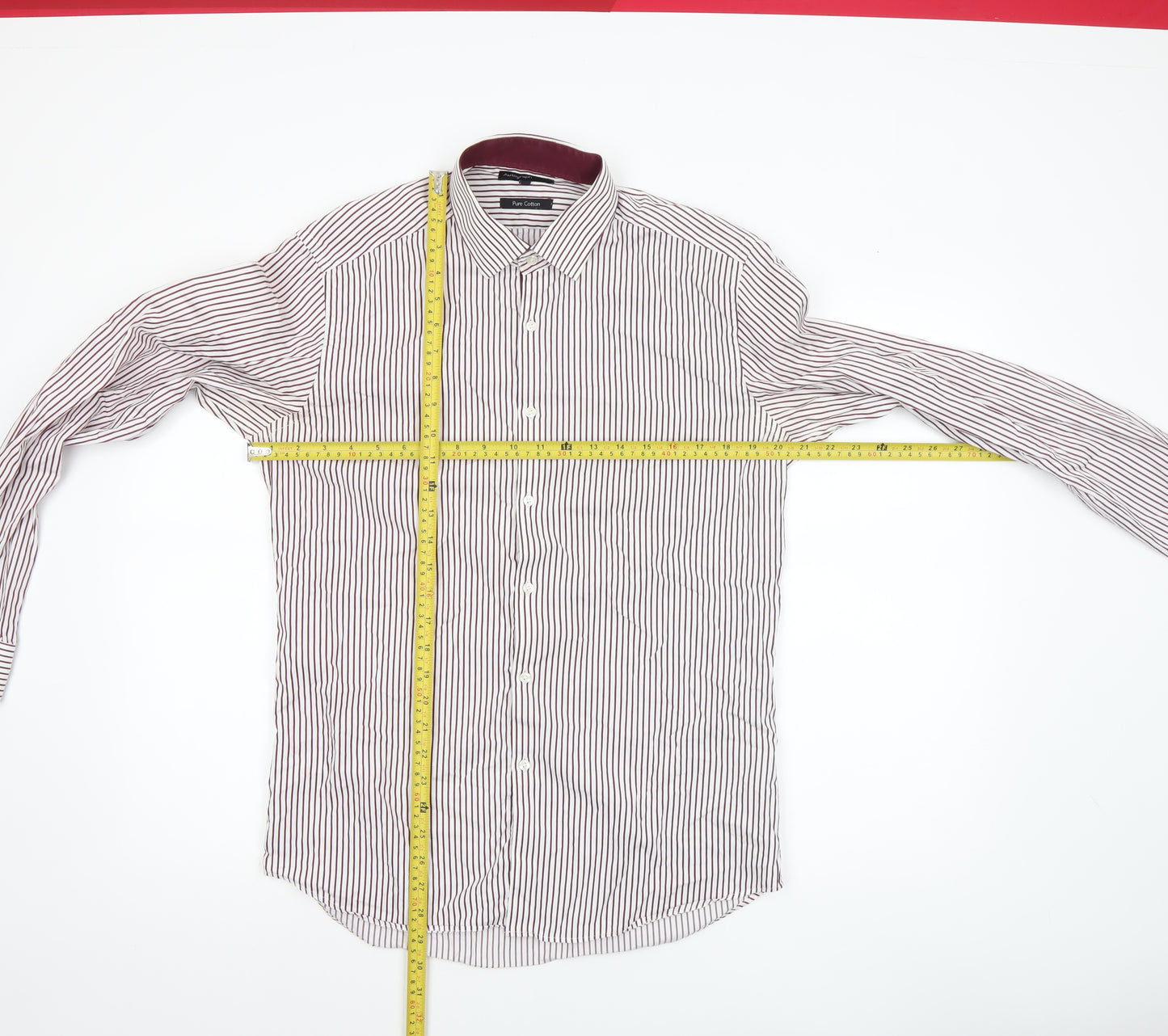 Marks and Spencer Autograph Men's White Burgundy Striped Cotton Dress Shirt 15.5in 39-40 Slim Fit